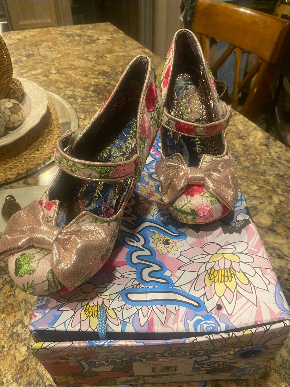 Irregular Choice Pink Floral Mary Jane Heels with Rose Metallic Bow